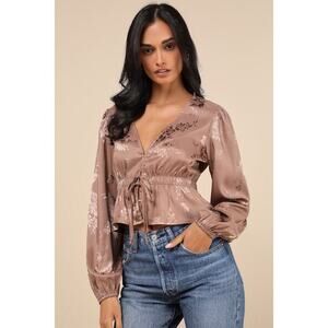 Lulus Special Sweetness Light Brown Jacquard Tie-front Top - Size M